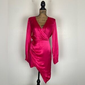 Elliatt Asymmetrical Satin Midi Dress Size S Fuchsia Long Sleeve V-Neck NWT